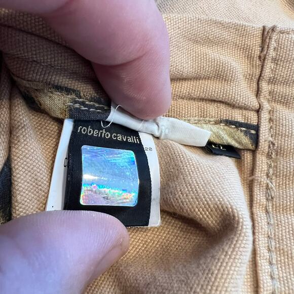 Roberto Cavalli Tan Cotton Stretch Gold Metal Pocket Logo Straight Pants Size 8 - Picture 5 of 11